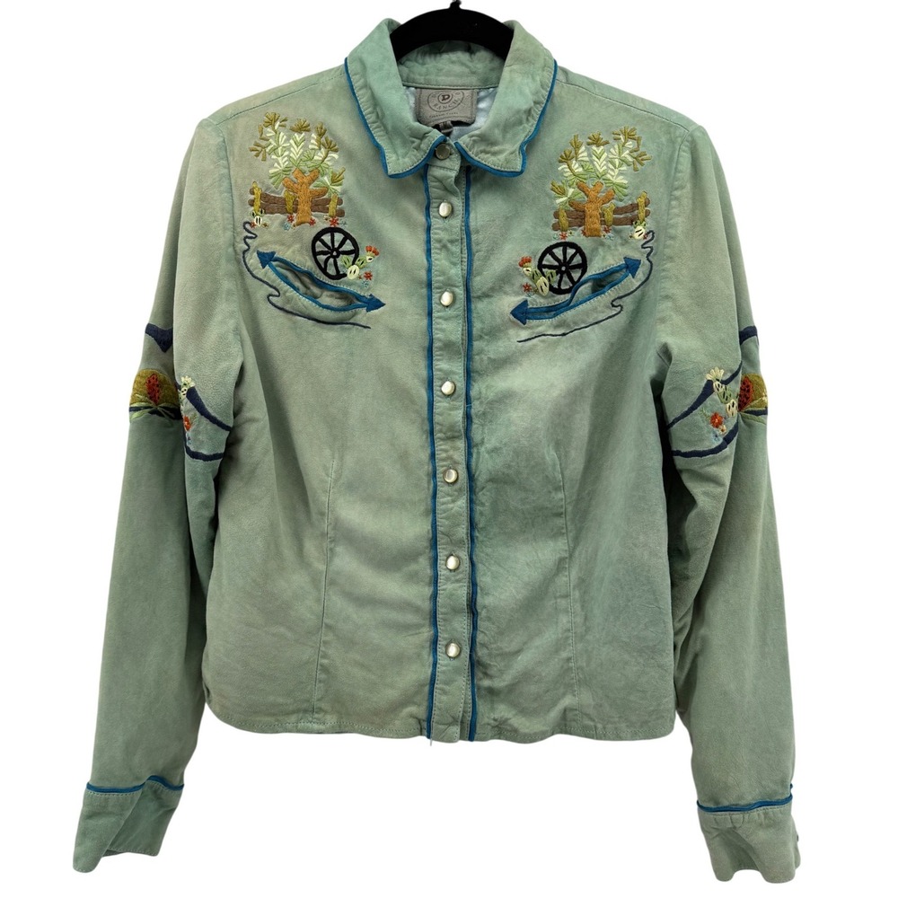 Double‎ D Ranch VTG Pearl Snap Jacket Womens M Green Suede Leather Embroidered